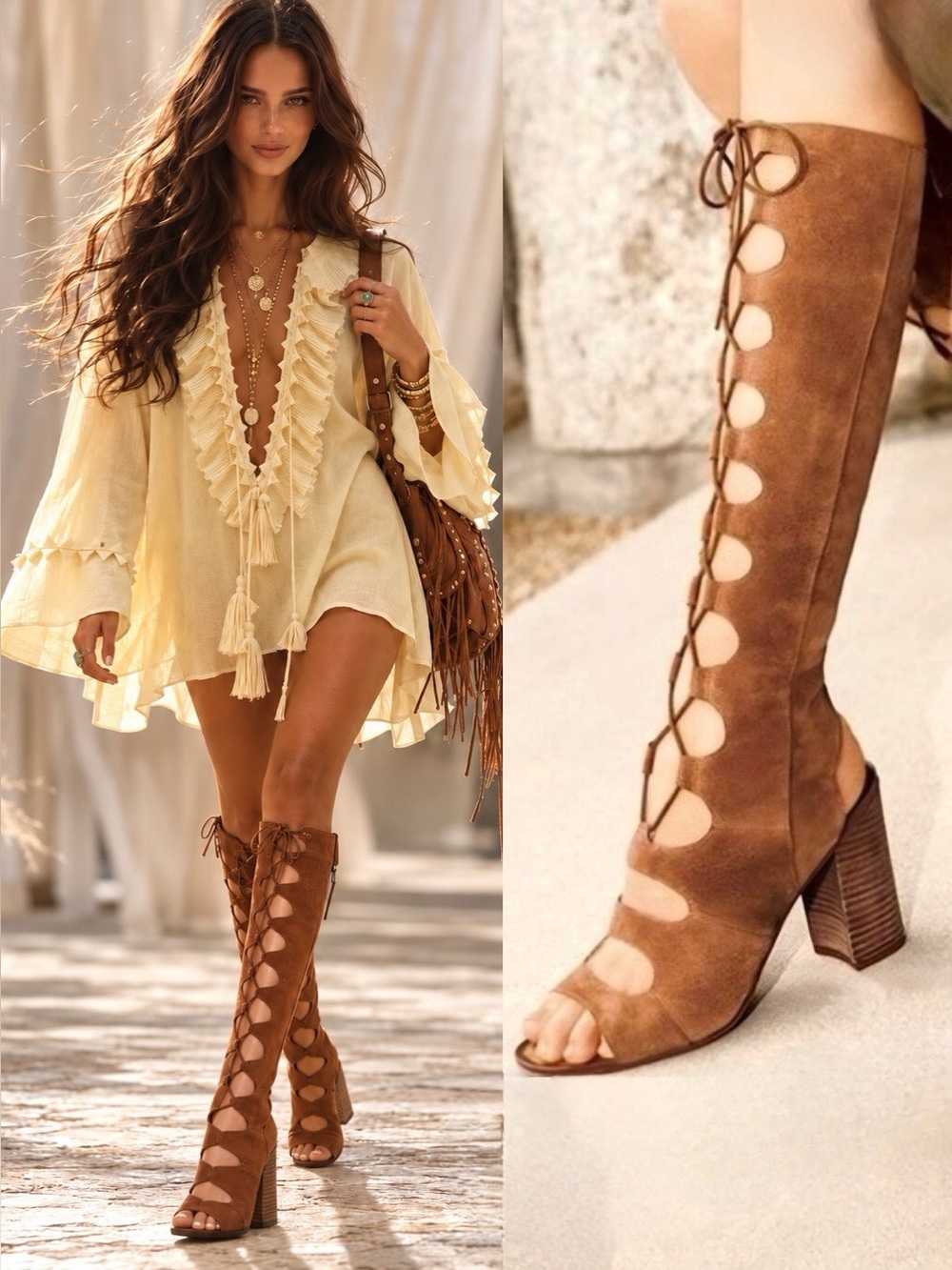 Knee-High Lace-Up Peep -Toe Block Heel Sandal Boot Franco Sarto for Free People